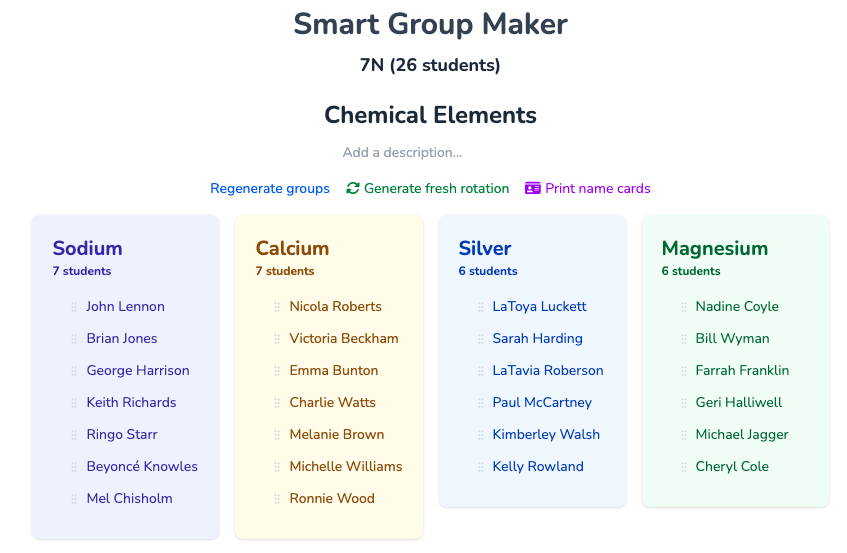 A class sorted into four balanced groups by the Smart Group Maker